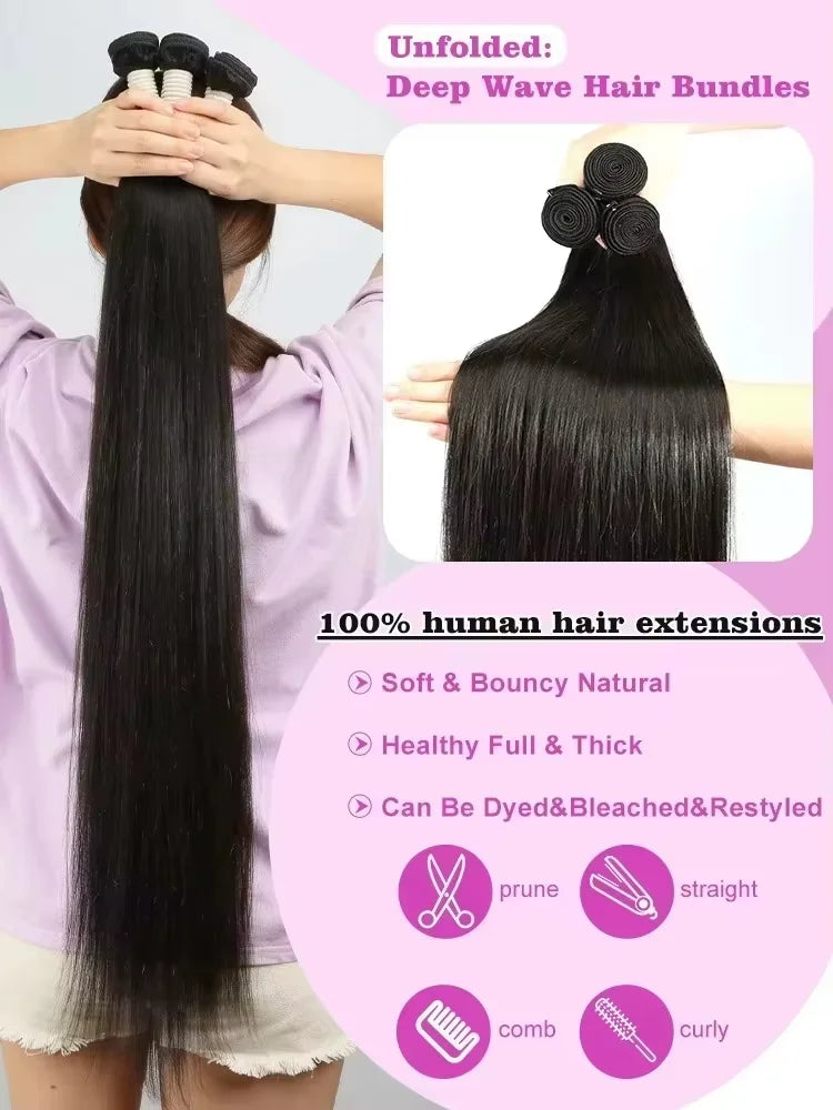30 40 Inch Straight Bundles Human Hair 16A Remy Brazilian Virgin Weave 1 3 4 Pcs Raw Hair Bundles Extensions For Black Women