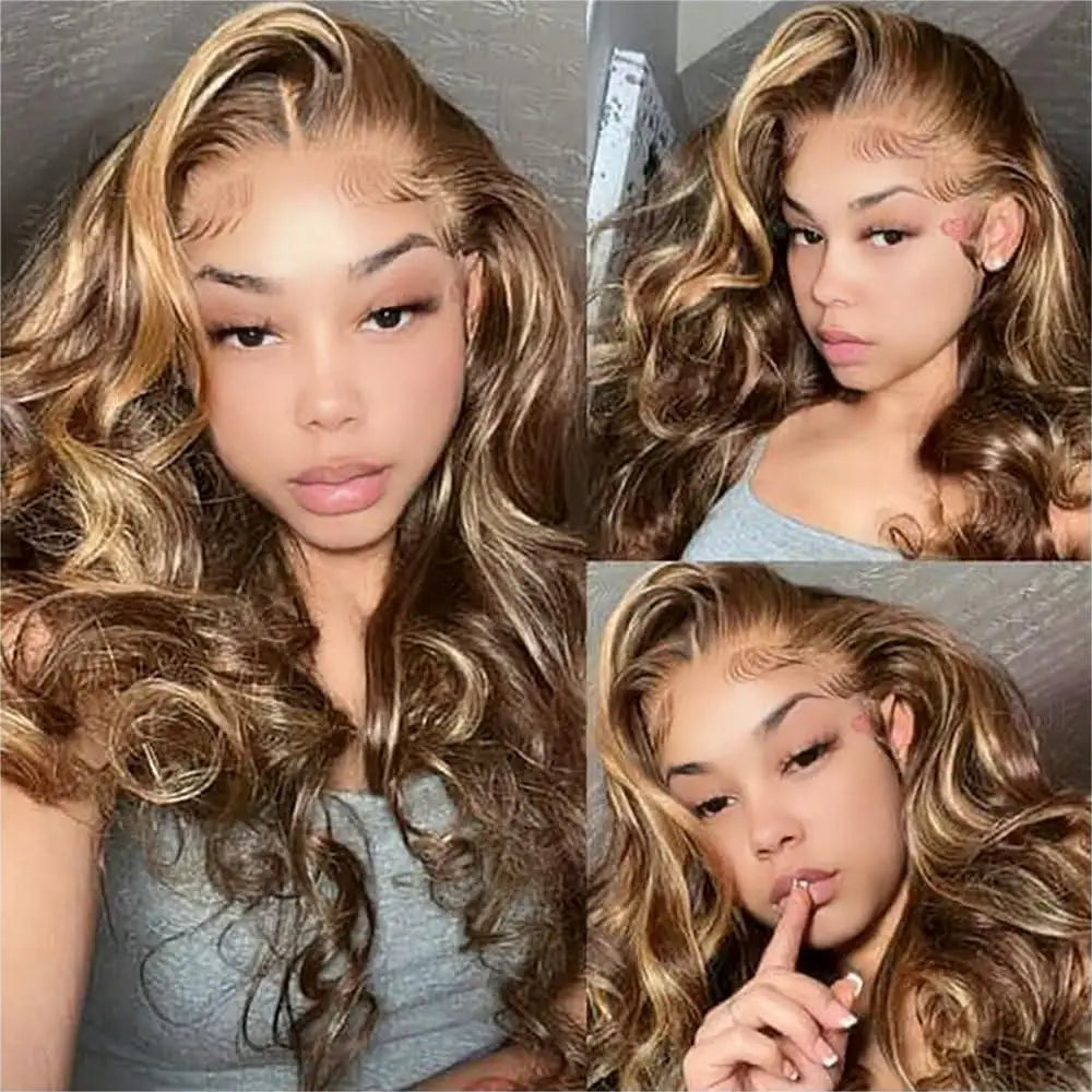 Highlight Women's Long 4/27 Ombre Honey Blonde 13x4 HD Transparent Pre-Plucked Colored Glueless Body Wave Frontal Wigs