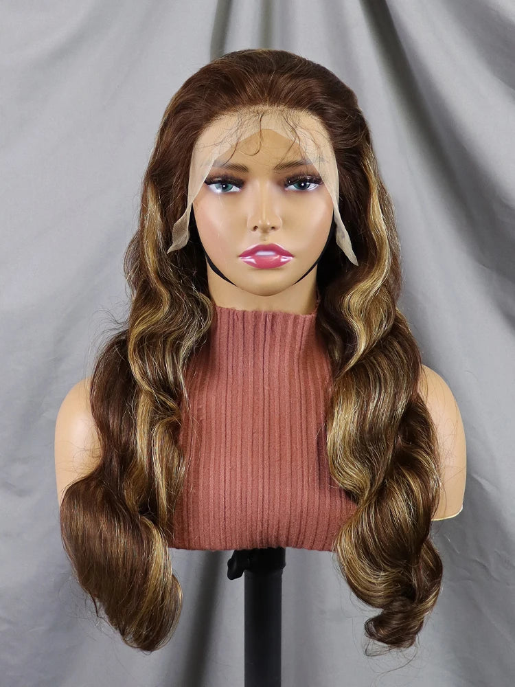 Highlight Ombre 13x4 Lace Front Wig Human Hair Body Wave Honey Blonde Lace Frontal Wigs for Women 4/27 Brown Hair Pre Plucked