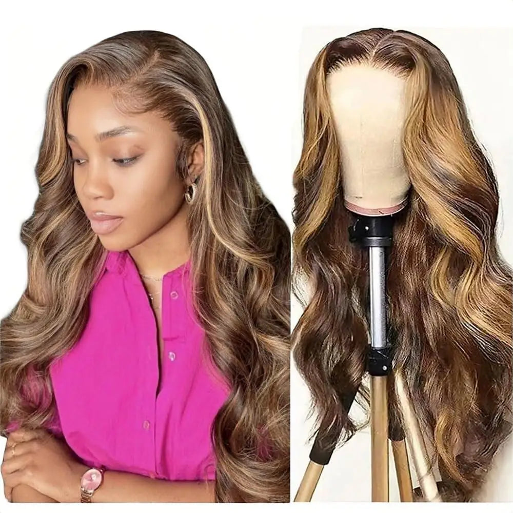 Highlight Women's Long 4/27 Ombre Honey Blonde 13x4 HD Transparent Pre-Plucked Colored Glueless Body Wave Frontal Wigs