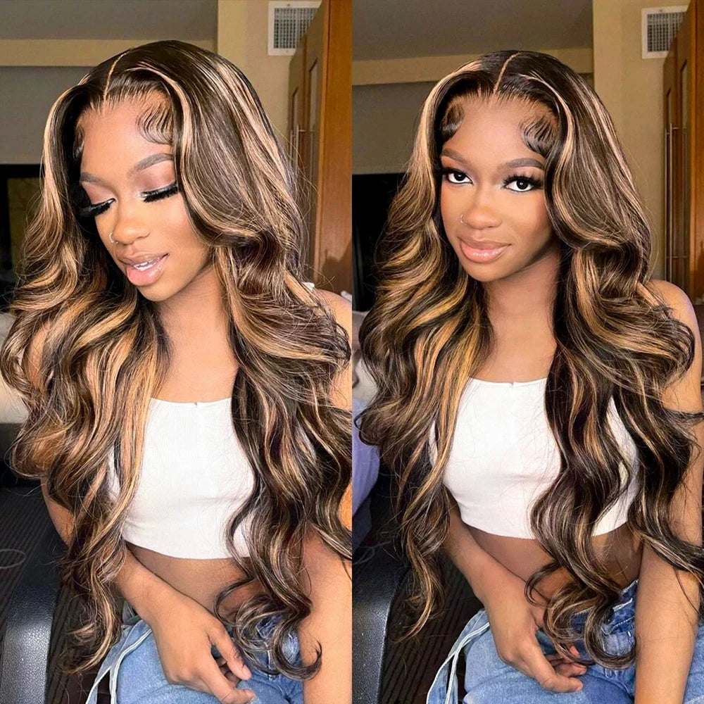 Highlight Ombre 13x4 Lace Front Wig Human Hair Body Wave Honey Blonde Lace Frontal Wigs for Women 4/27 Brown Hair Pre Plucked