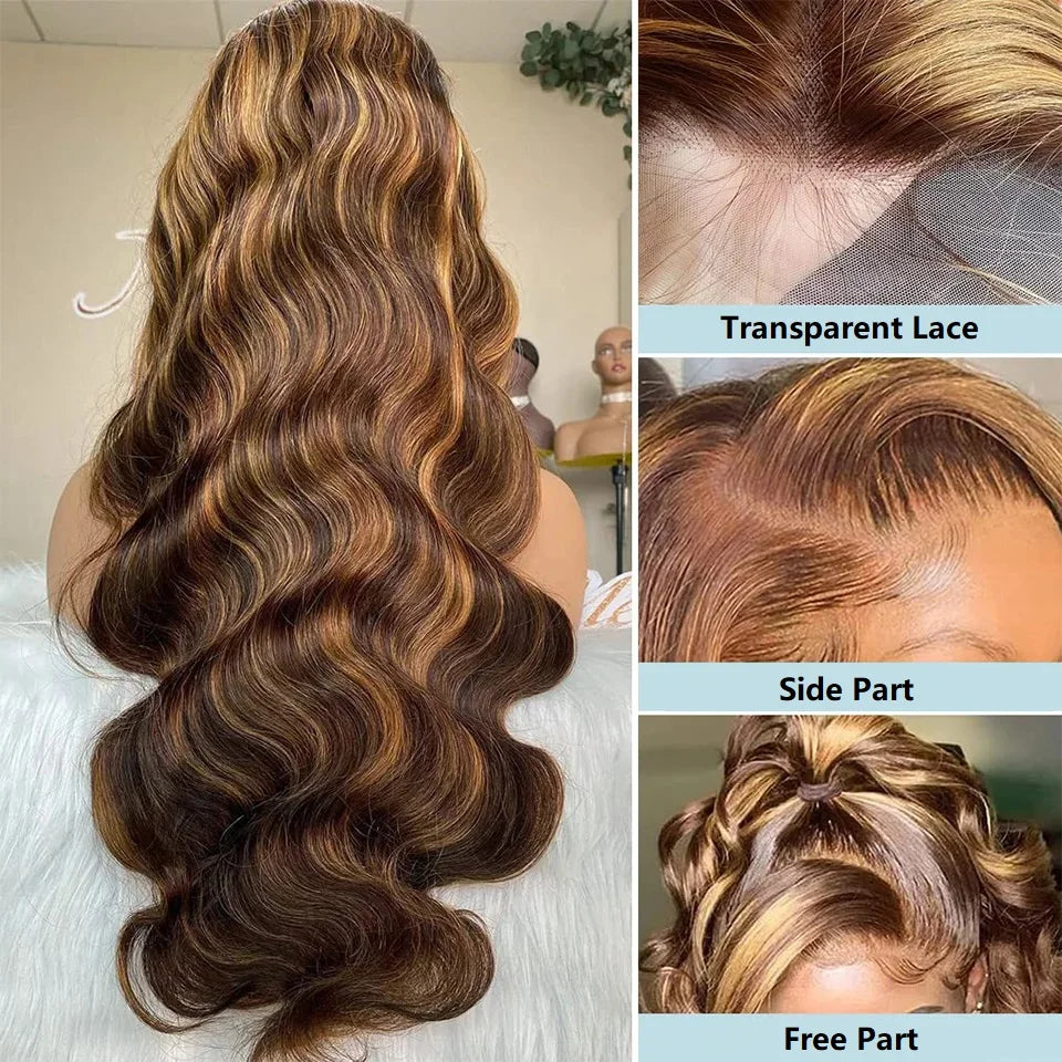 Highlight Ombre 13x4 Lace Front Wig Human Hair Body Wave Honey Blonde Lace Frontal Wigs for Women 4/27 Brown Hair Pre Plucked
