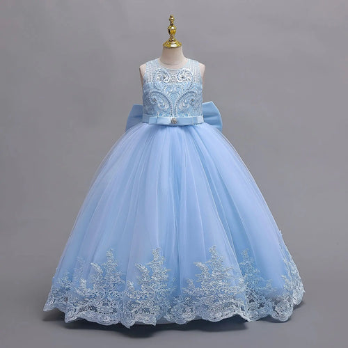 2024 New Girls' Wedding Dress Flower Banquet  Long Dress Girls' Graduation Communion Performance Party Dress with Big Bow