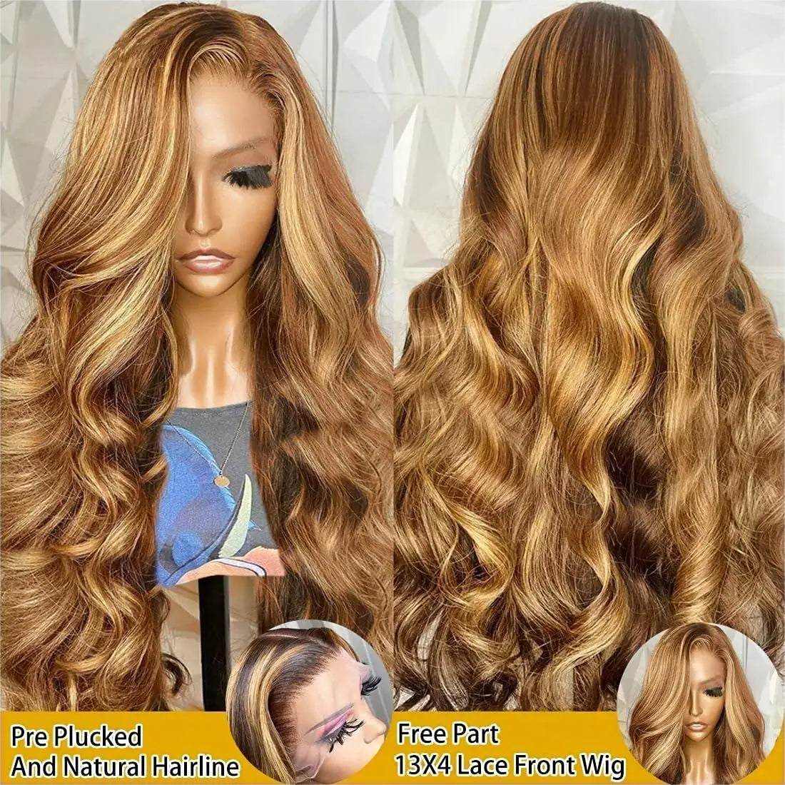 Highlight Women's Long 4/27 Ombre Honey Blonde 13x4 HD Transparent Pre-Plucked Colored Glueless Body Wave Frontal Wigs