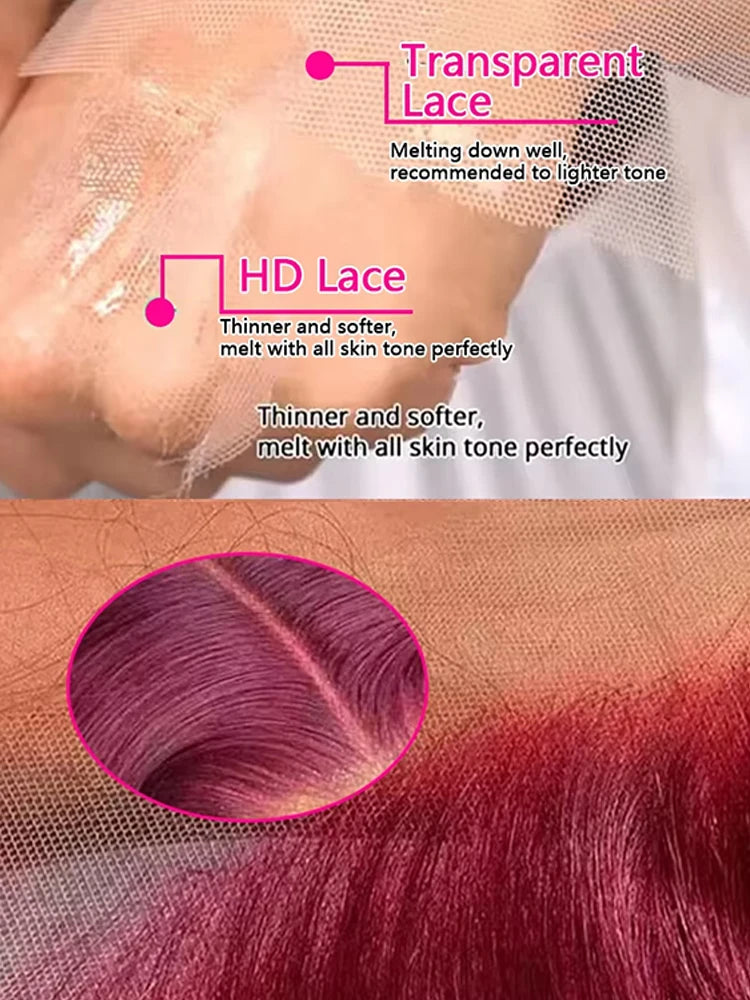 Perruque Body Wave HD Lace 13x4 – Bordeaux 99J, 200% Densité