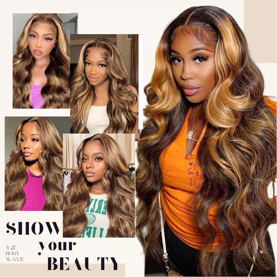3B 3C Highlight Body Wave Wigs Frontal Human Hair Wigs 200% Density Wigs
