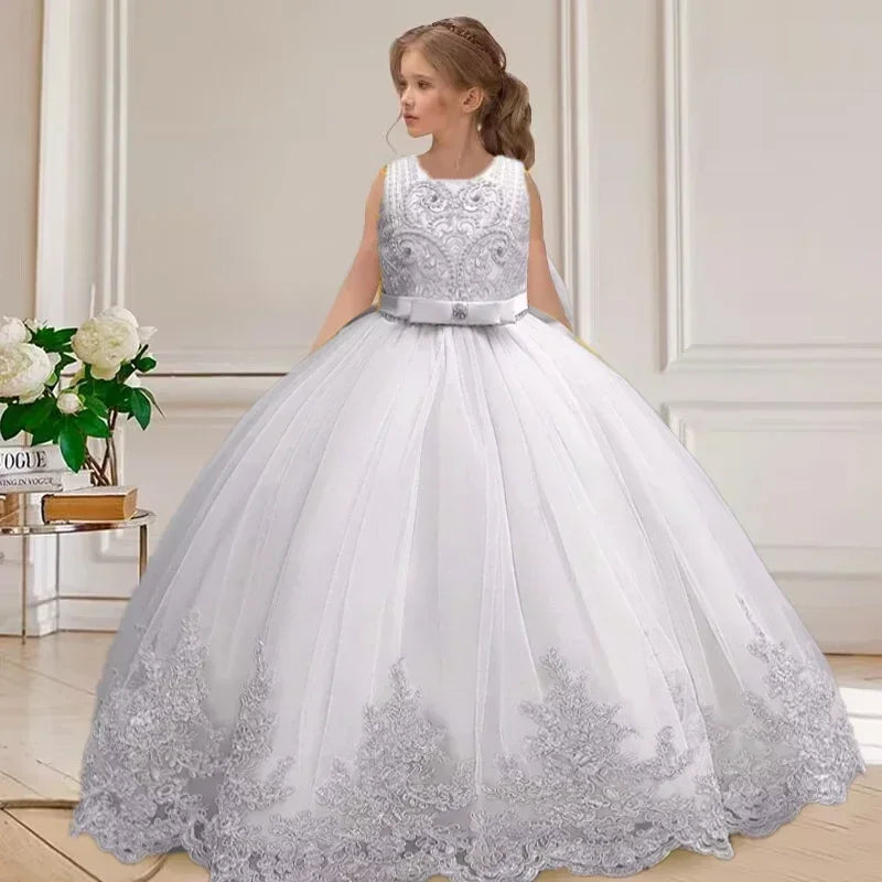 Embroidered Mesh Wedding Dress Flower Girl Performance Girl's Dress 4-12 Year Old Girl's Big Bow Princess Dress
