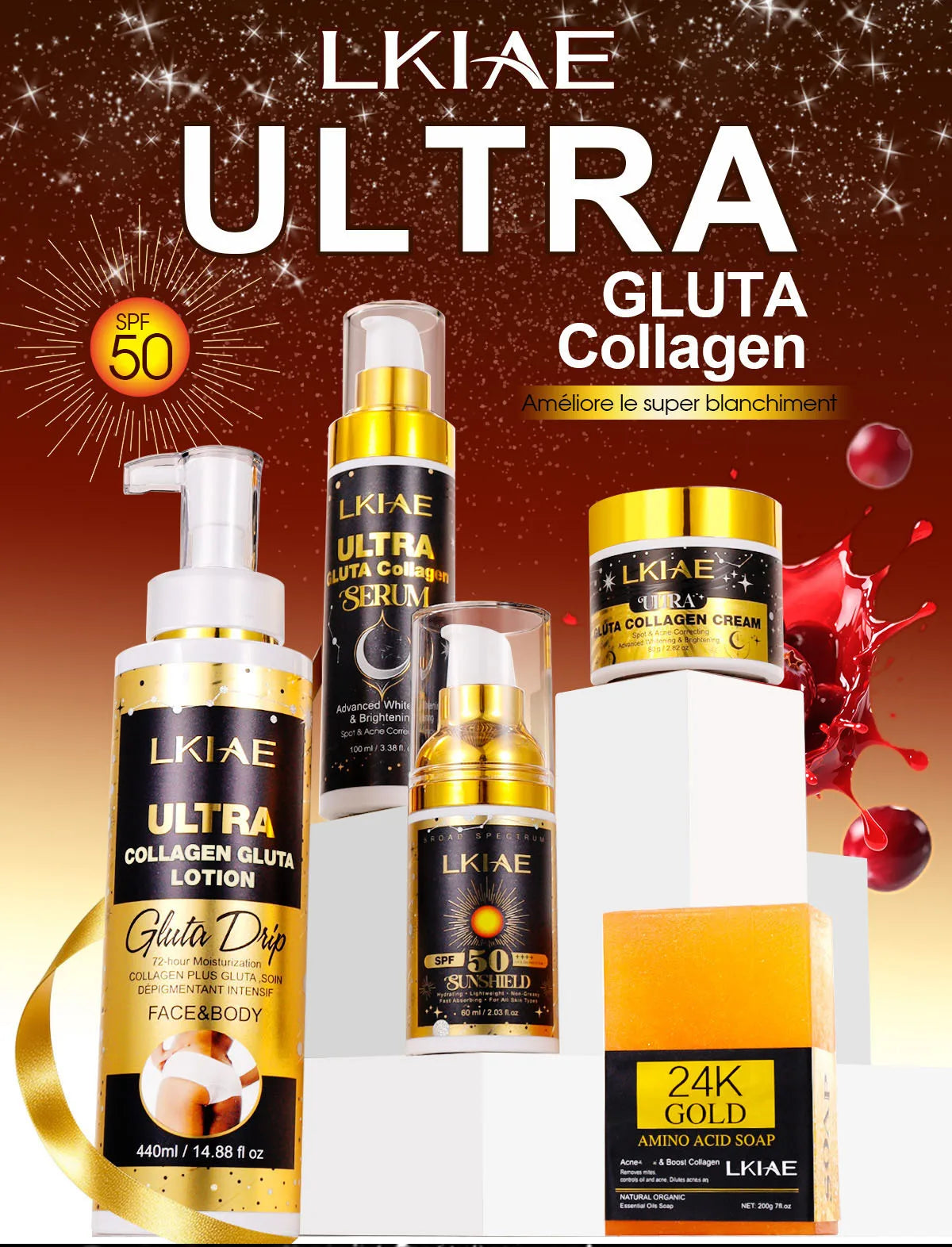 LKIAE Ultra Glutathione and Collagen Whitening Skin Care Set, Moisturizing, Reduce Dark Spots, Melanin, Hyperpigmentation