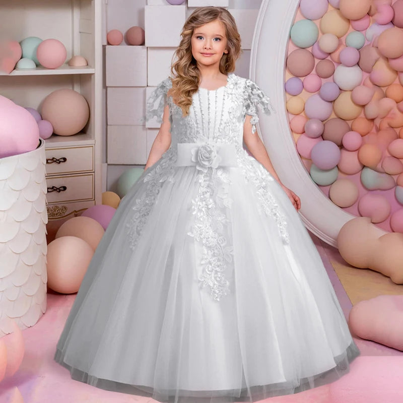 Girls' embroidered princess dress 4-12 years old lace sleeveless mesh cake dress high-end performance dress for banquet hosts