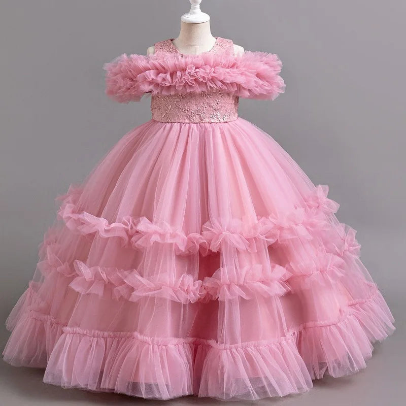 2024 New 4-12 Year Old Robe Princess Dress Flower Girl Wedding Dress Fashionable Party Dress Lace Mesh Elegant Girls' Clothing