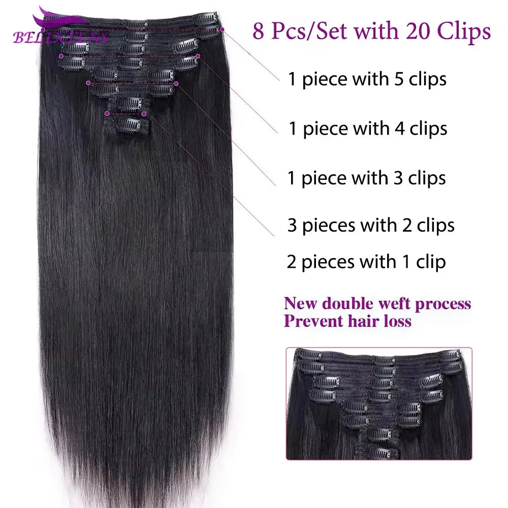 Extensions Clip-in Cheveux Humains – 8 pcs, 120g, 10-30 po