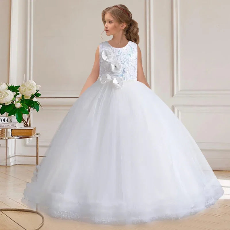Girls' embroidered princess dress 4-12 years old lace sleeveless mesh cake dress high-end performance dress for banquet hosts