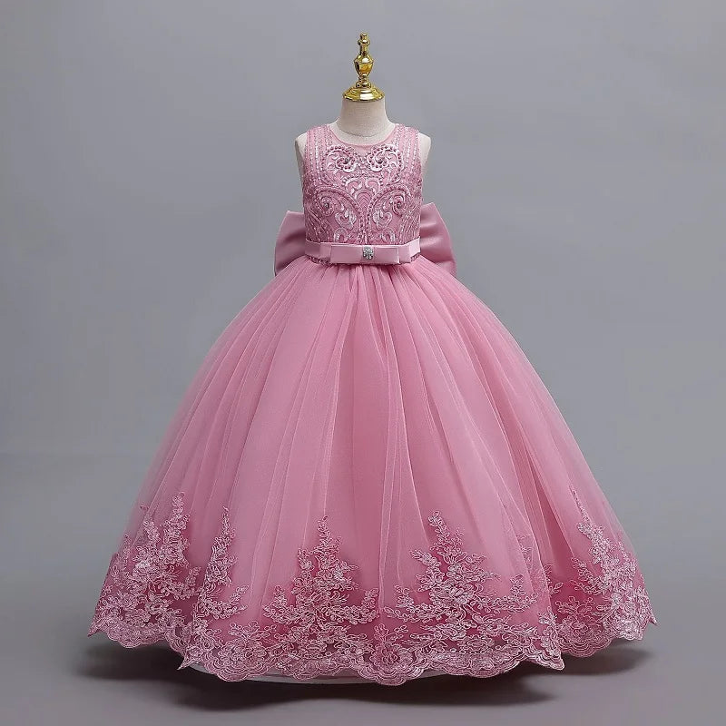 3-12 year old children's dress embroidered bow lace lace wedding dress girl princess dress girl birthday party evening dress
