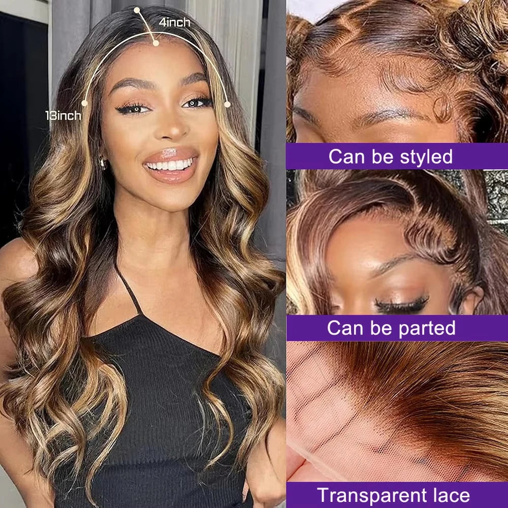 Perruque Body Wave Ombré – Honey Blonde P4/27, 13x4