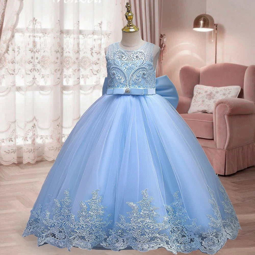 children's dress 3-12 year old embroidered bow wedding dress girl princess dress girl birthday party evening Back Dew Bride dres