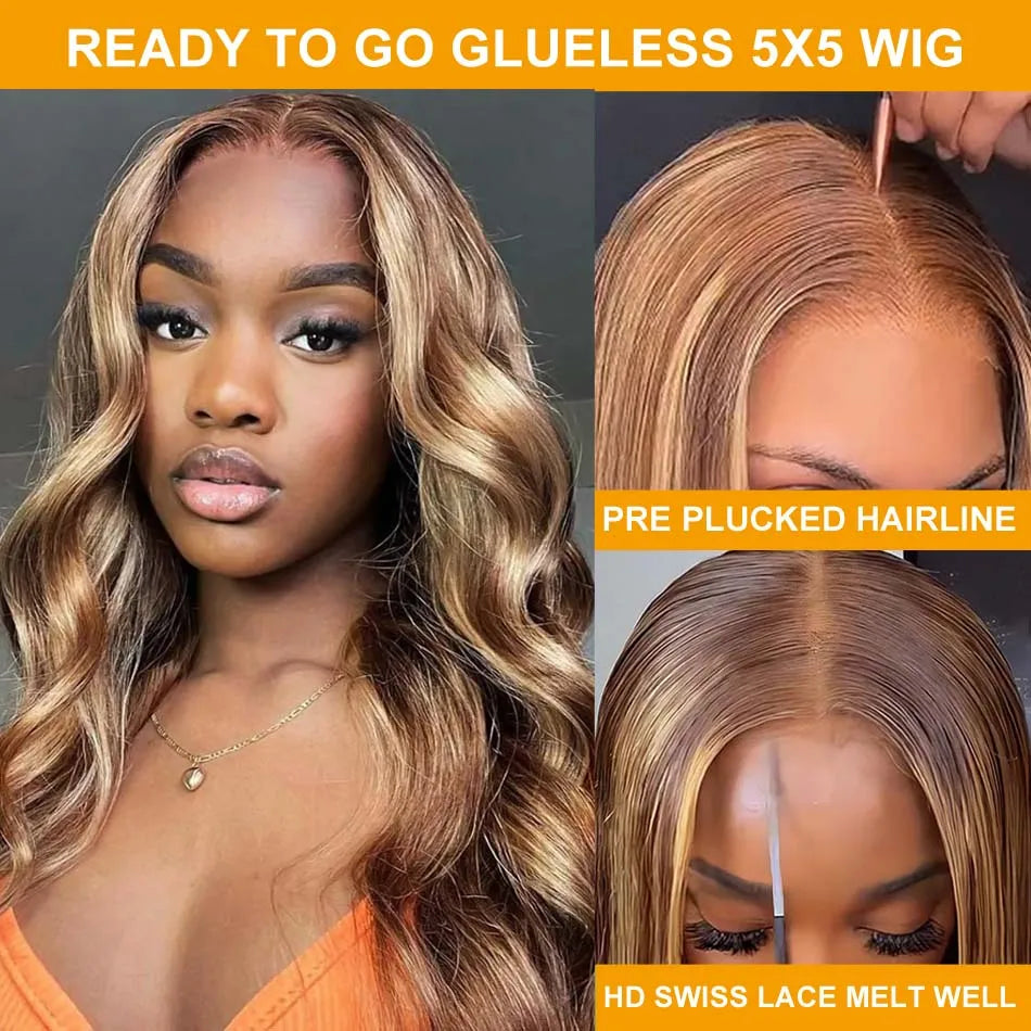Ossilee Highlight Wig Human Hair Body Wave Glueless Wig 5x5 HD Lace Closure Wig Piano Color 4/27 Ombre Blonde Brown Closure Wig