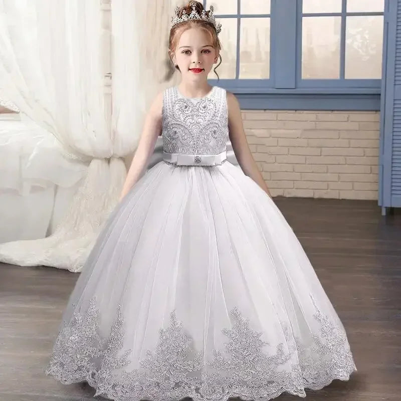 Embroidered Mesh Wedding Dress Flower Girl Performance Girl's Dress 4-12 Year Old Girl's Big Bow Princess Dress