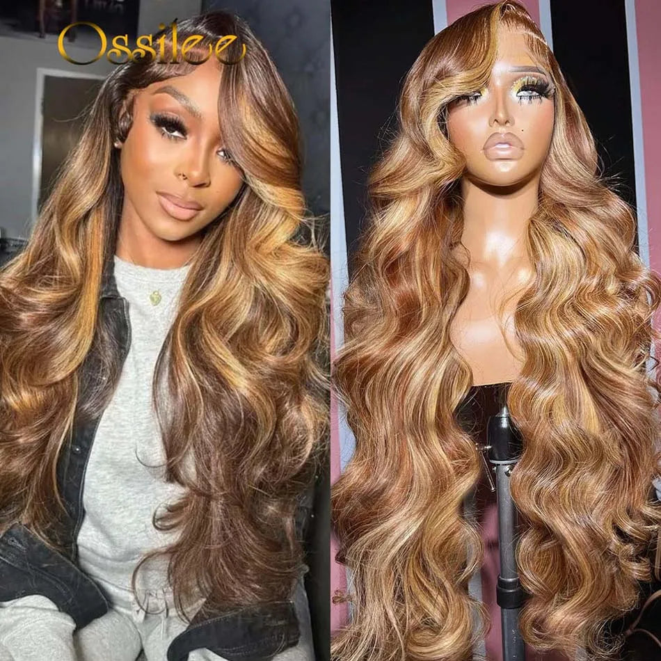 Ossilee Highlight Wig Human Hair Body Wave Glueless Wig 5x5 HD Lace Closure Wig Piano Color 4/27 Ombre Blonde Brown Closure Wig