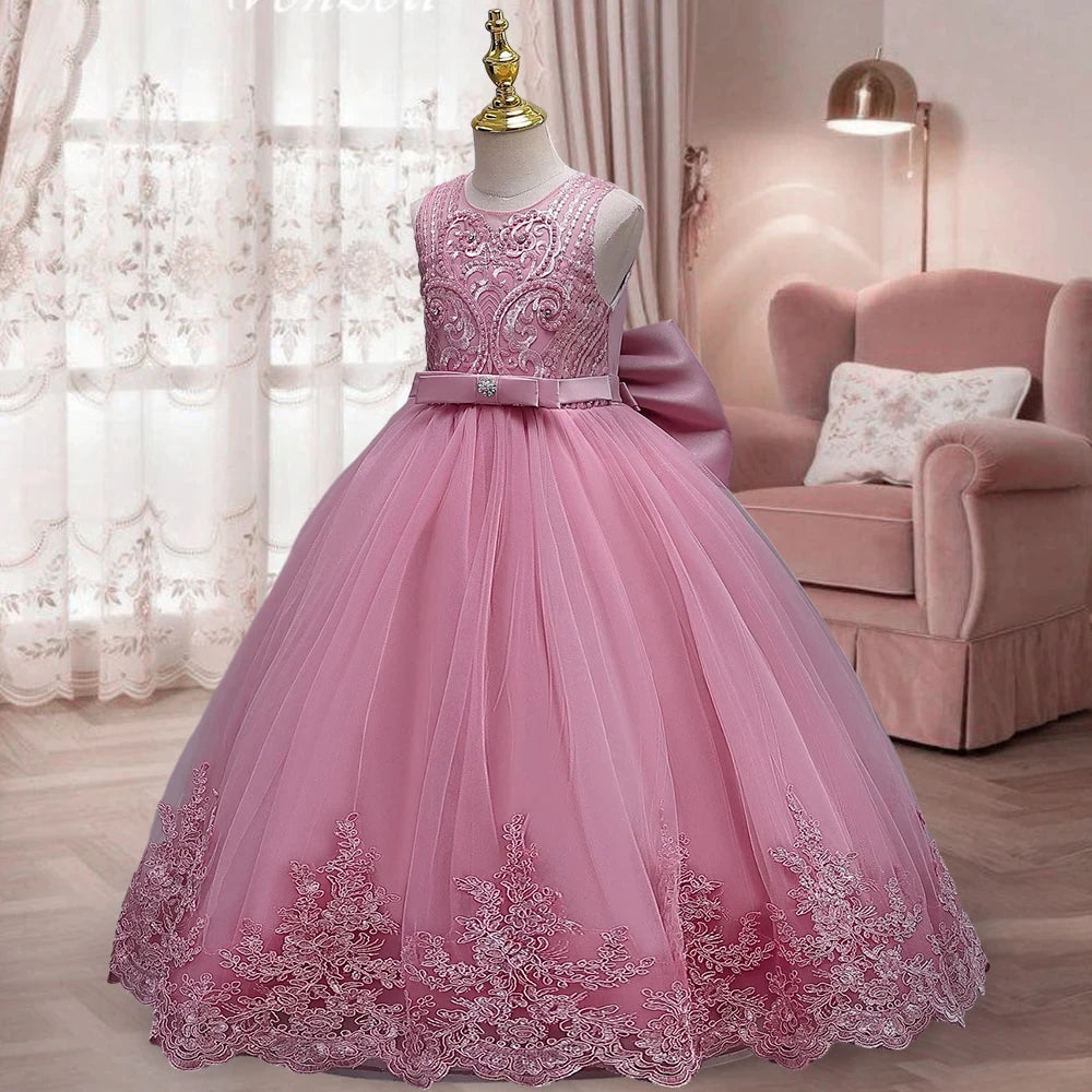 children's dress 3-12 year old embroidered bow wedding dress girl princess dress girl birthday party evening Back Dew Bride dres
