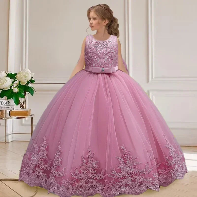 Embroidered Mesh Wedding Dress Flower Girl Performance Girl's Dress 4-12 Year Old Girl's Big Bow Princess Dress