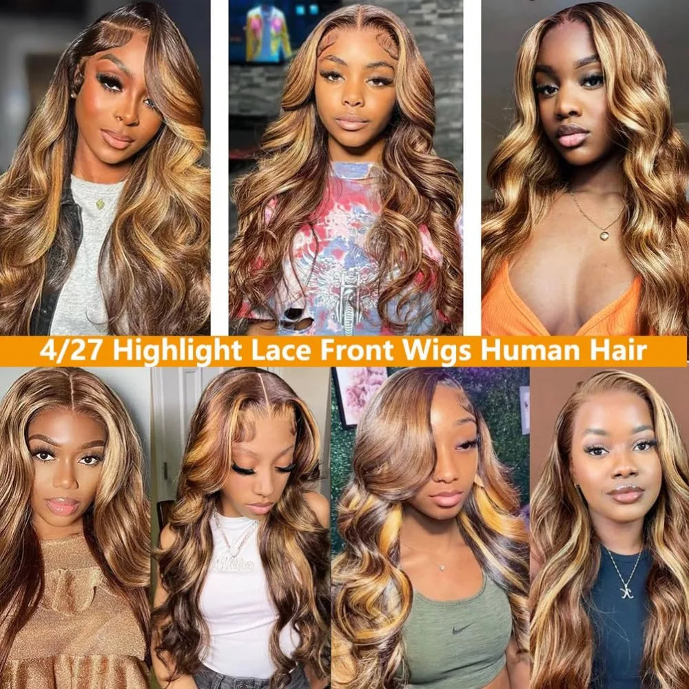 P4/27 Highlight Body Wave Wig  13x6 HD Lace Front Human Hair 13x4 Transparent Lace Wigs Human Hair  Pre Plucked 200 Density