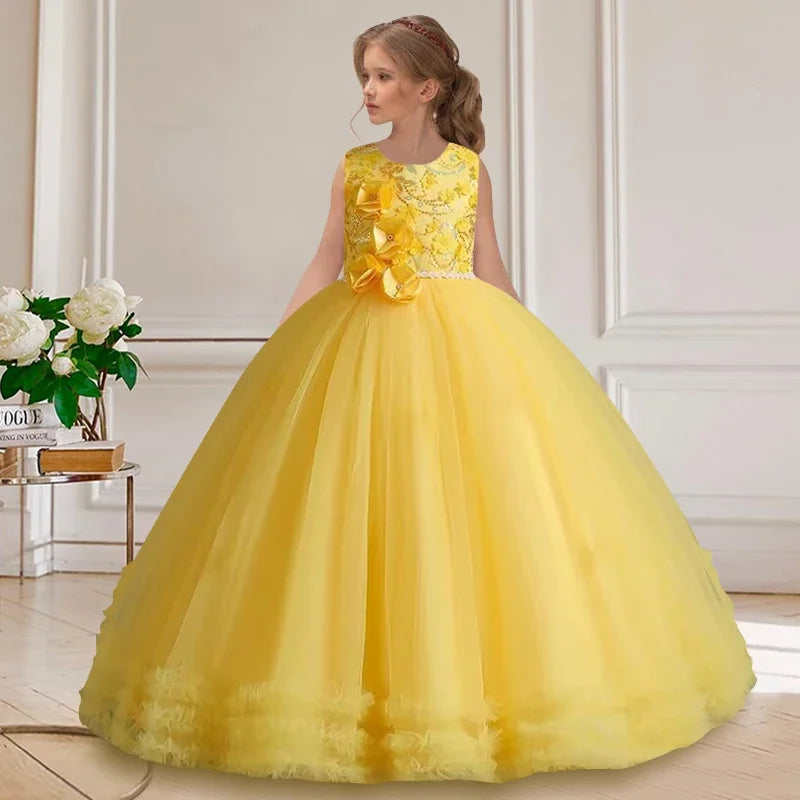 Girls' embroidered princess dress 4-12 years old lace sleeveless mesh cake dress high-end performance dress for banquet hosts