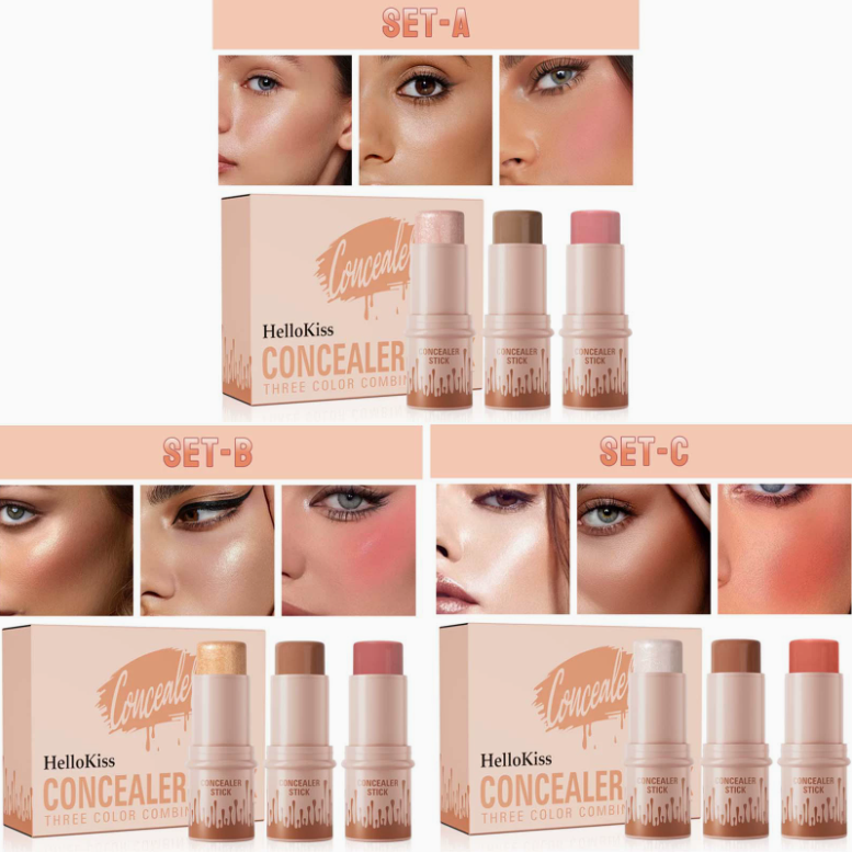 HelloKiss 3-in-1 Contouring Stick Set - All-in-One Highlight, Contour & Blush for a Sculpted Face